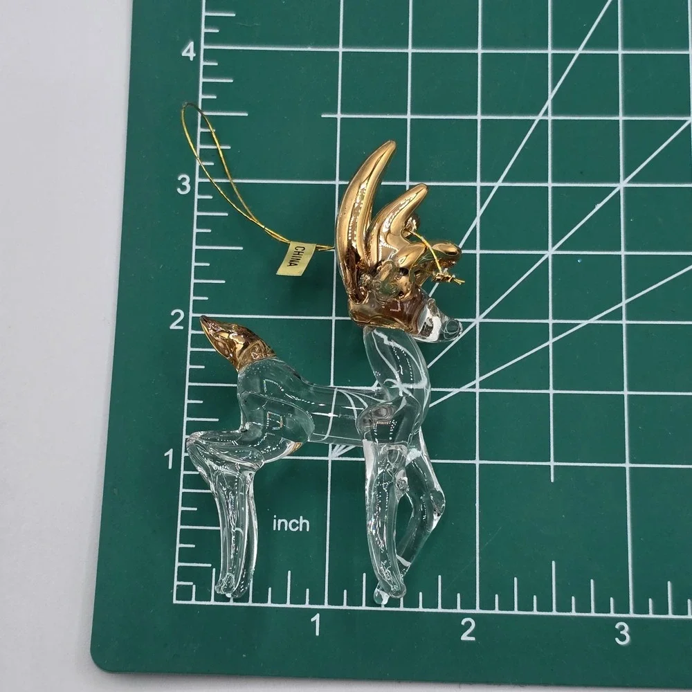 Vintage Spun Glass Reindeer Figure Ornament Painted Gold‎ Accents Deer Prancing